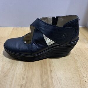 Fly London Women Shoes Yogo Size 7.5M Green Wedge Heel Leather Pump Pre Owned qp